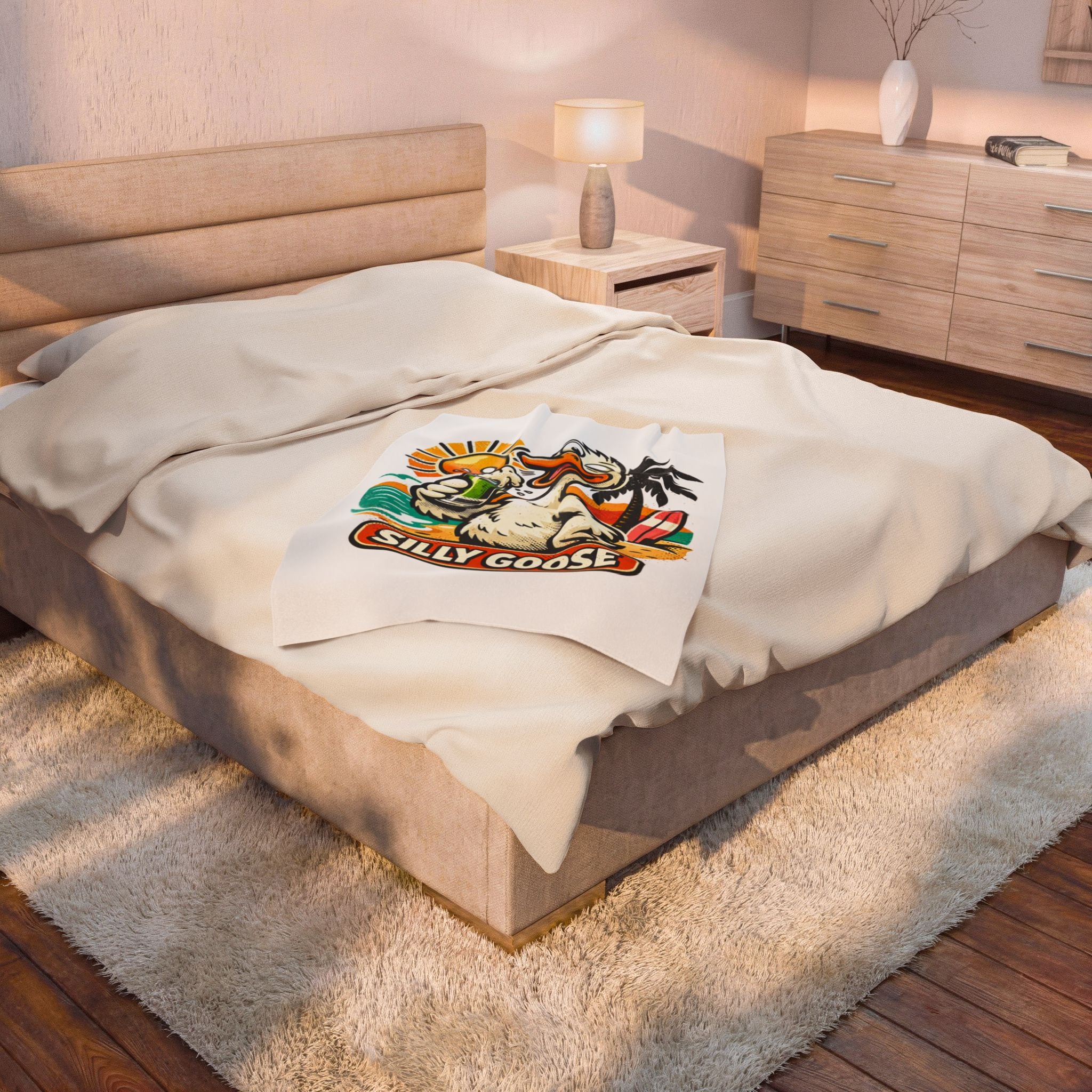 Silly Goose Beach Duck Velveteen Plush Blanket | Surf, Sun, Palm