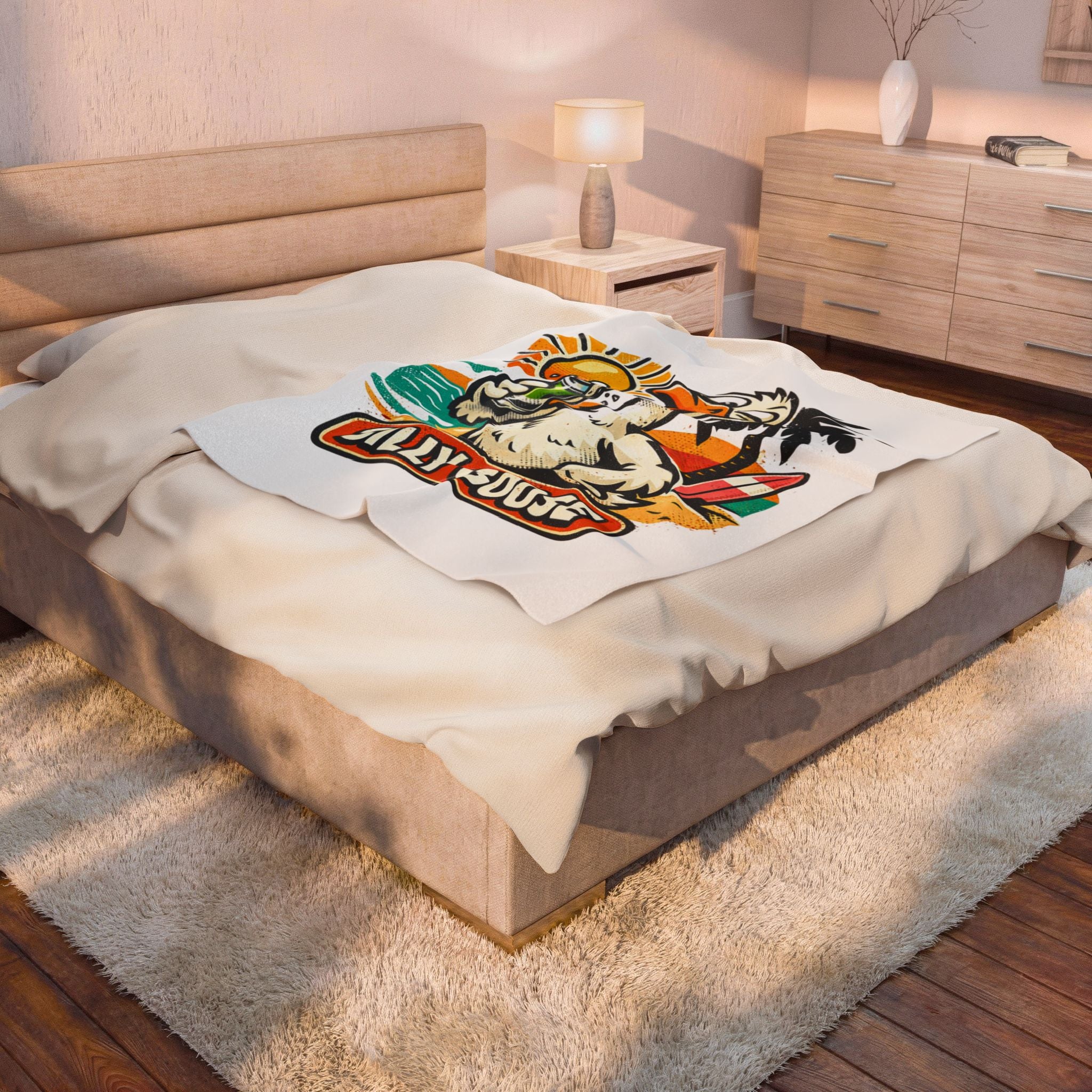 Silly Goose Beach Duck Velveteen Plush Blanket | Surf, Sun, Palm