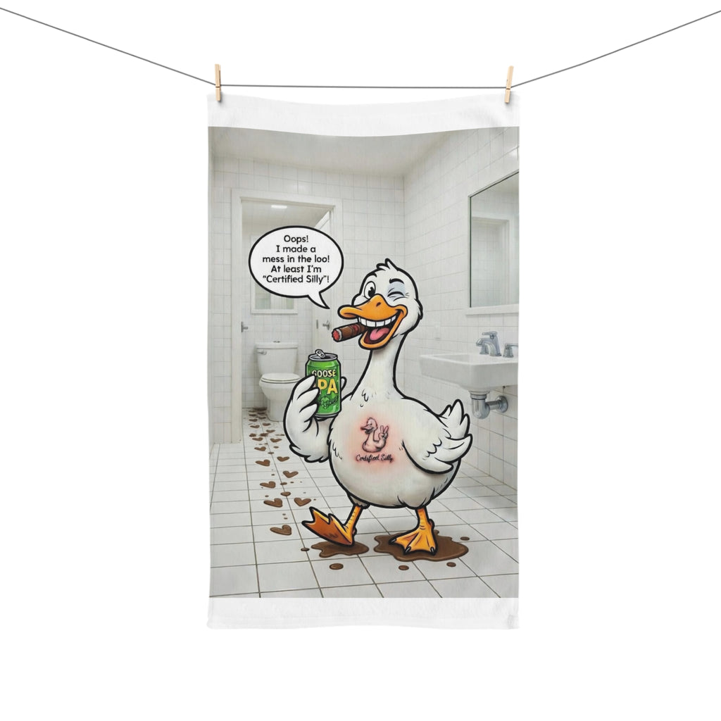 Silly Goose Holding Beer Hand Towel | Funny Bathroom Novelty