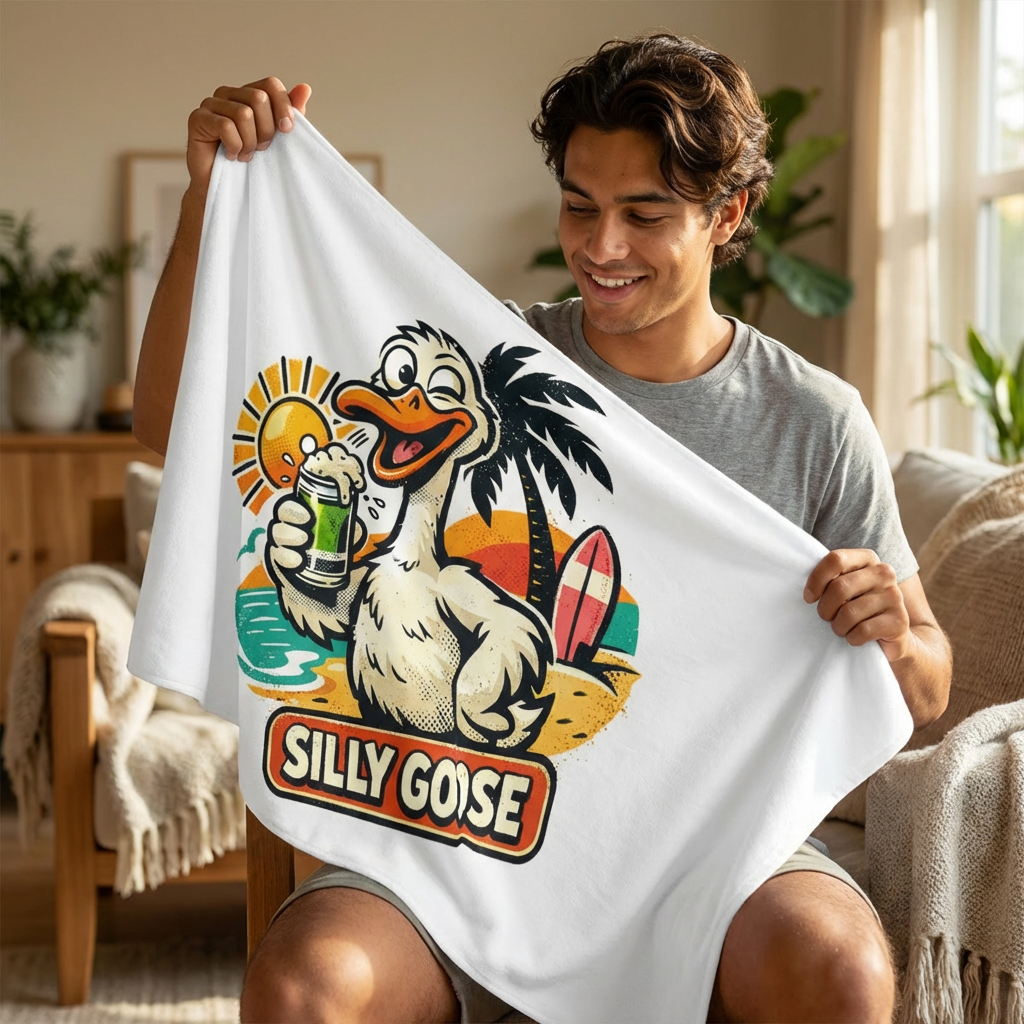 Silly Goose Surfing Duck Beach Towel | Tropical Sun, Palm Drink