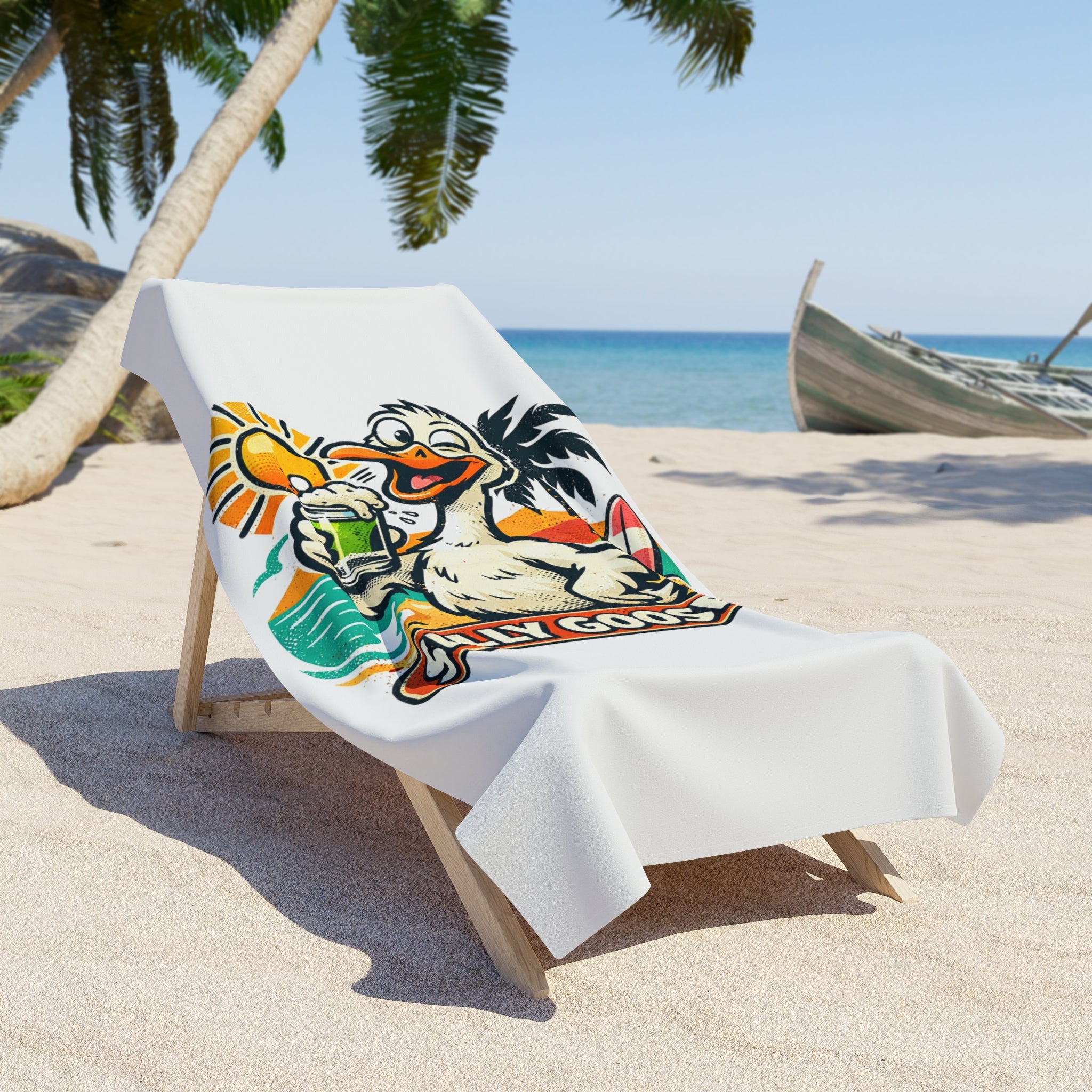 Silly Goose Surfing Duck Beach Towel | Tropical Sun, Palm Drink