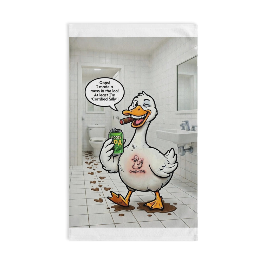 Silly Goose Holding Beer Hand Towel | Funny Bathroom Novelty