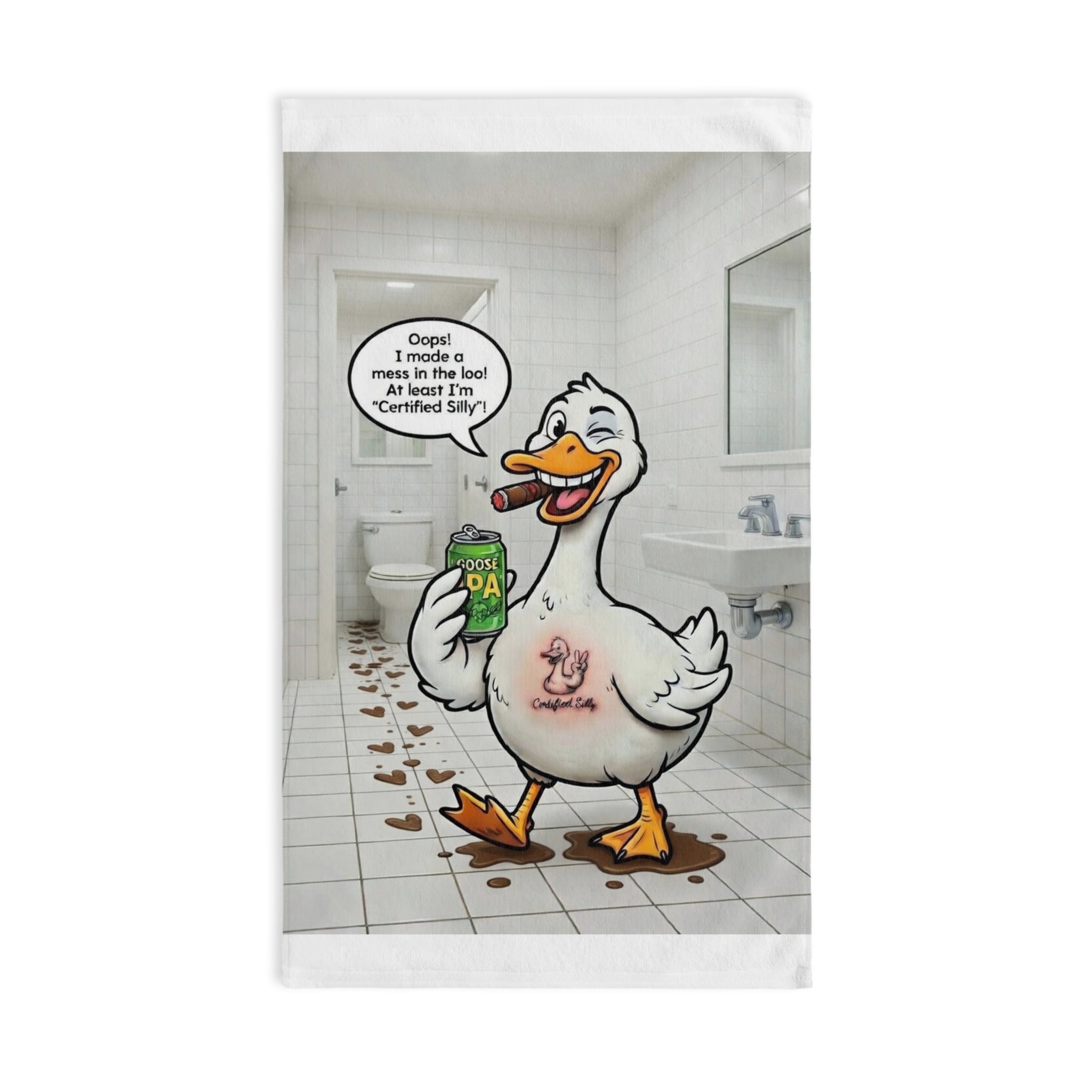 Silly Goose Holding Beer Hand Towel | Funny Bathroom Novelty