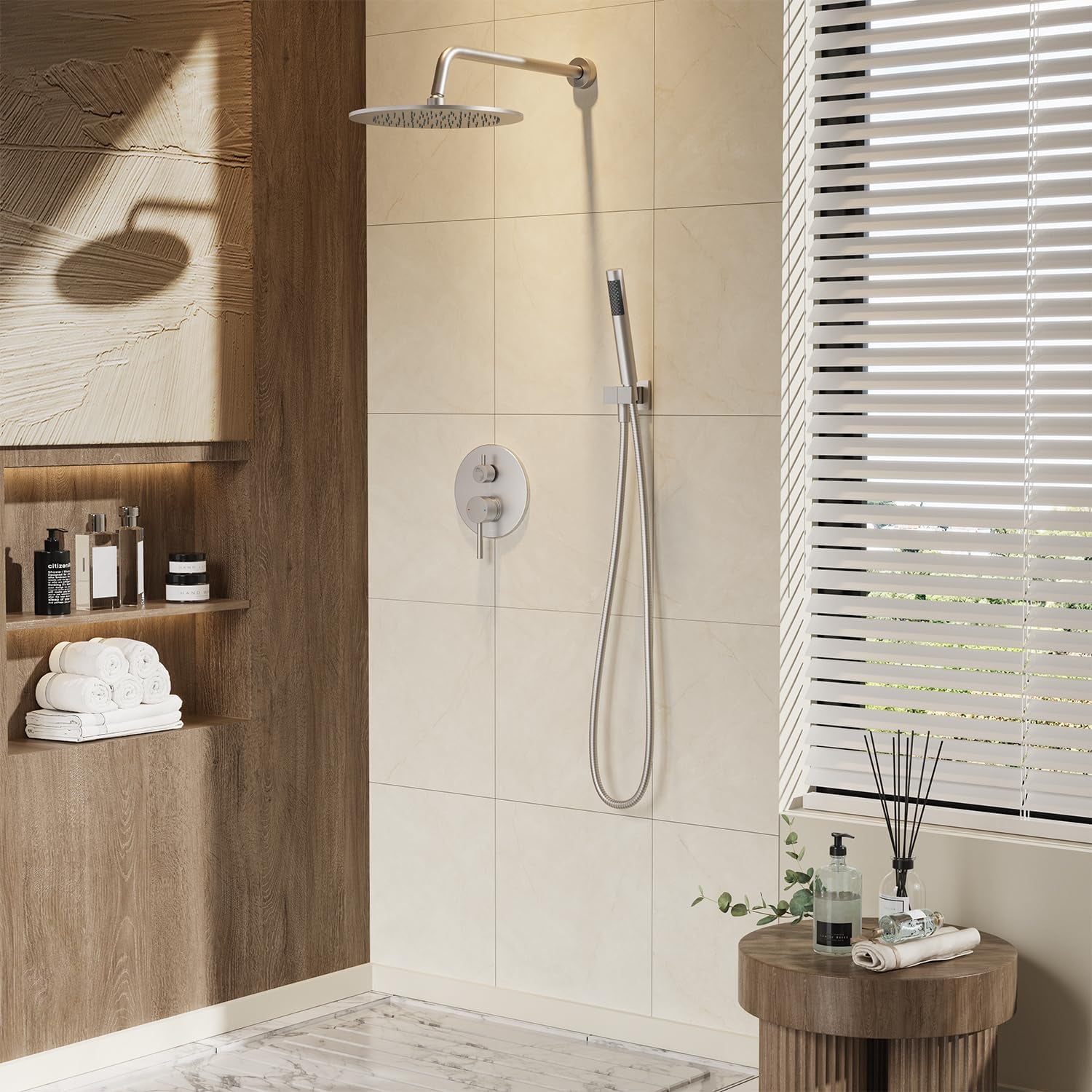 Shower System, Wall Mounted Shower Faucet Set with Shower Valve, High Pressure 10" Rain Shower Head with Handheld Spray Combo, 2 Way Rainfall Shower Head Set, Brushed Nickel