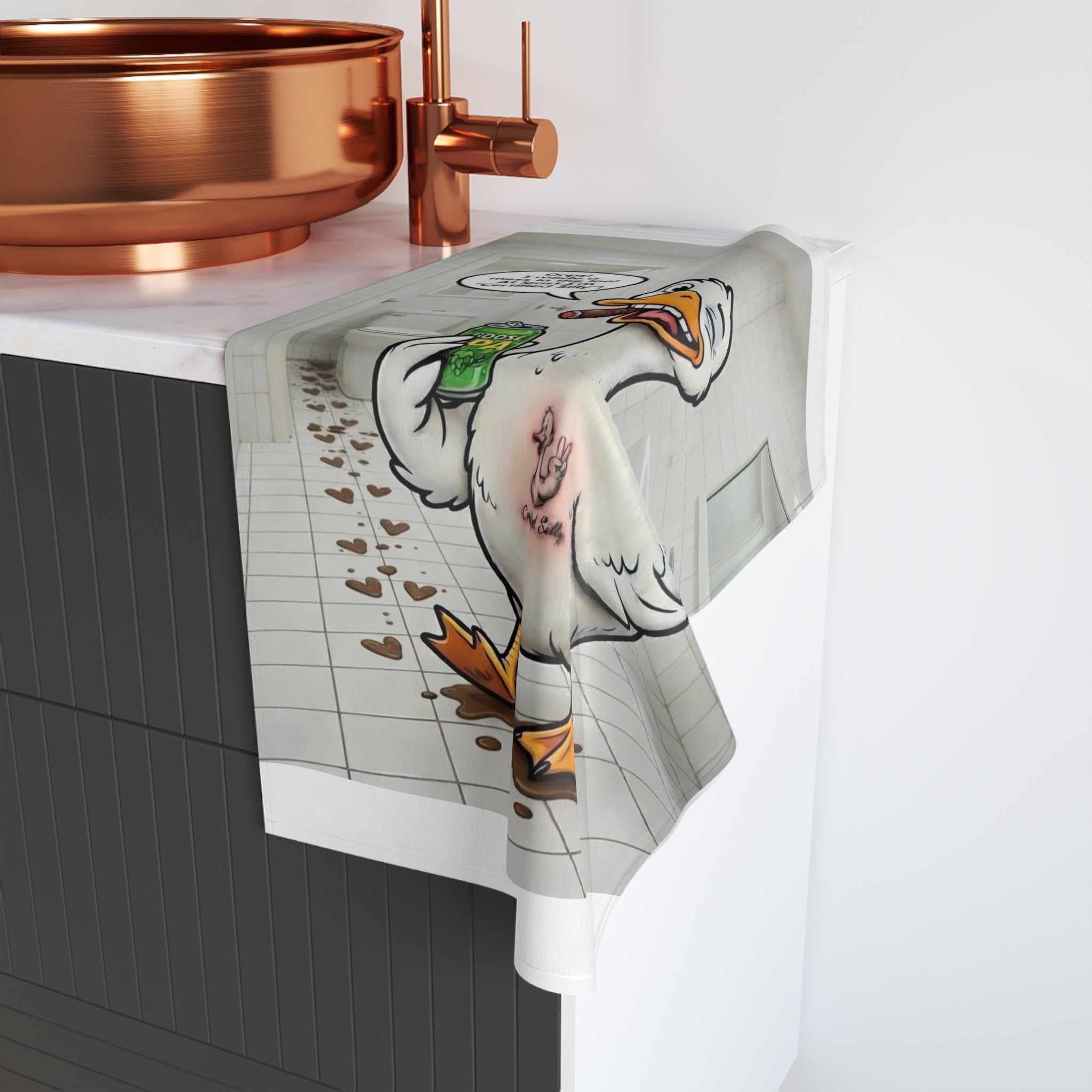 Silly Goose Holding Beer Hand Towel | Funny Bathroom Novelty
