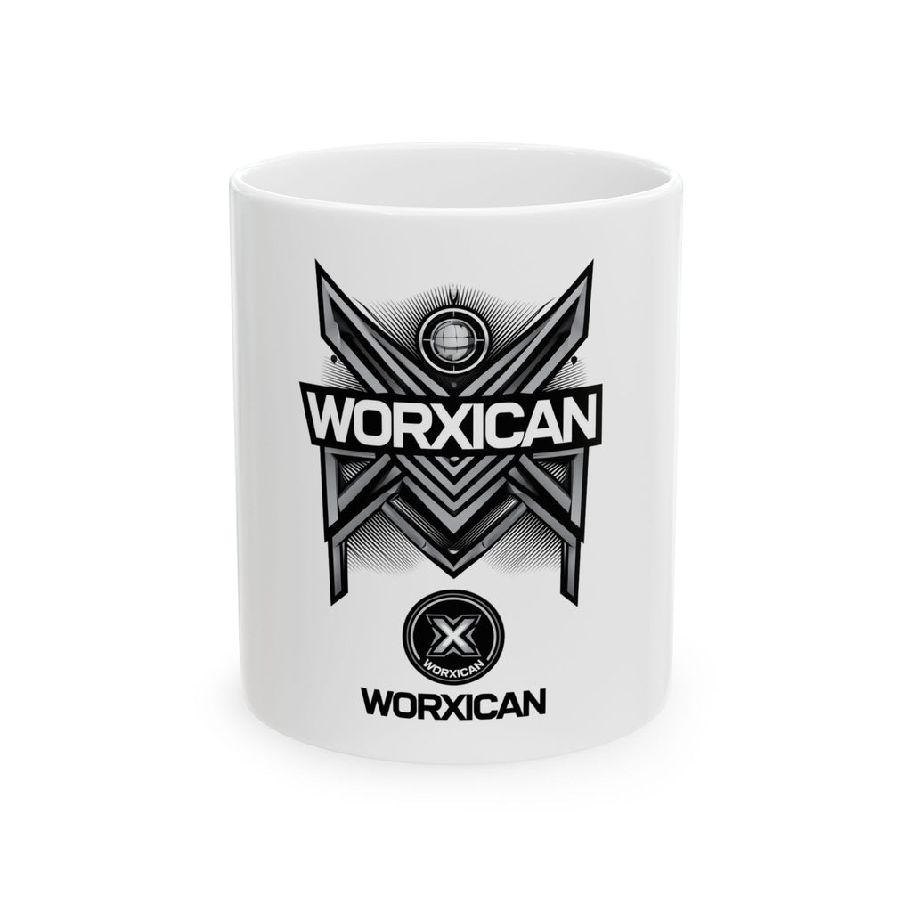 Worxican Logo Ceramic Mug – Monochrome Emblem Coffee Cup (11oz or 15oz)