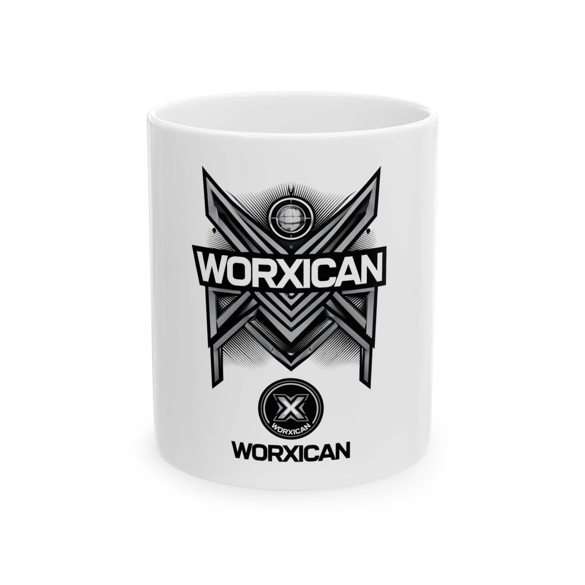 Worxican Logo Ceramic Mug – Monochrome Emblem Coffee Cup (11oz or 15oz)