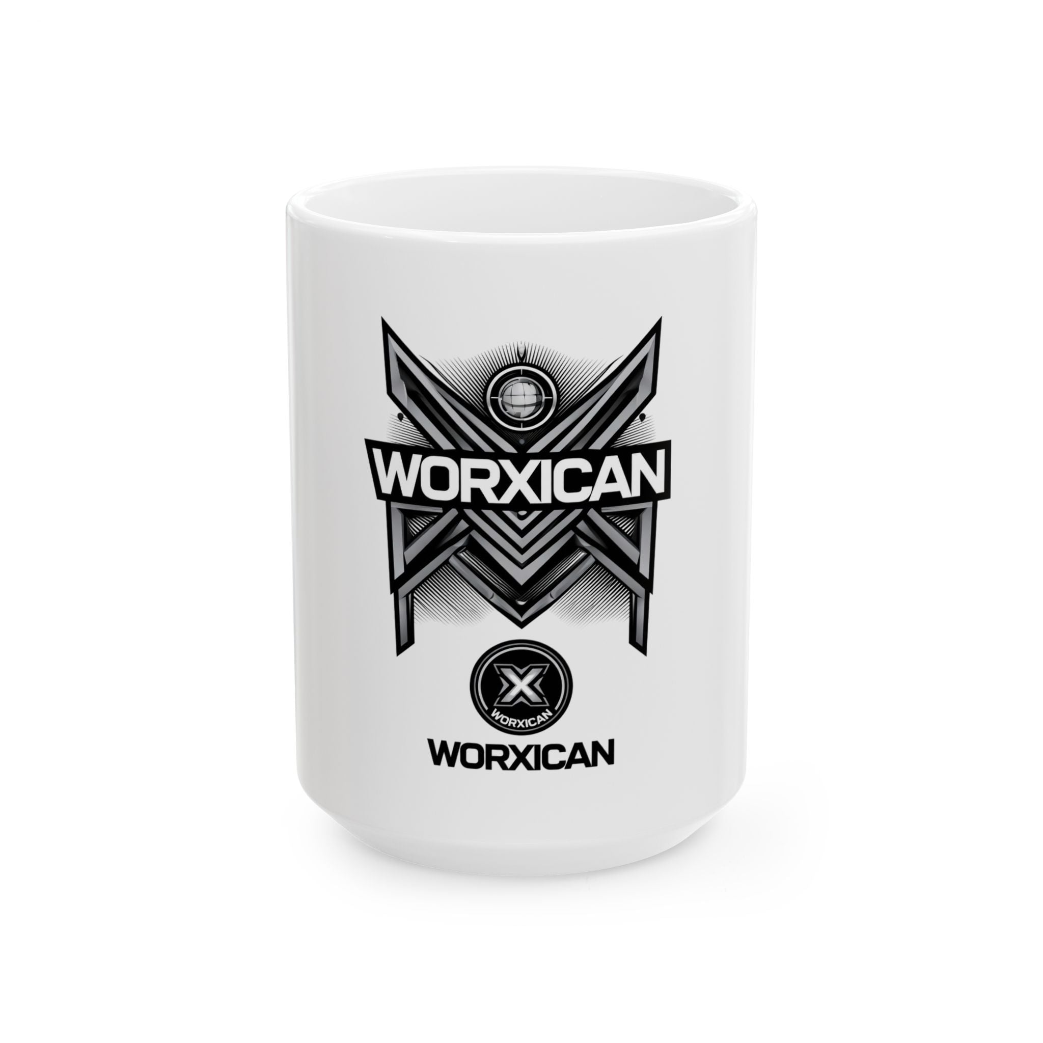 Worxican Logo Ceramic Mug – Monochrome Emblem Coffee Cup (11oz or 15oz)