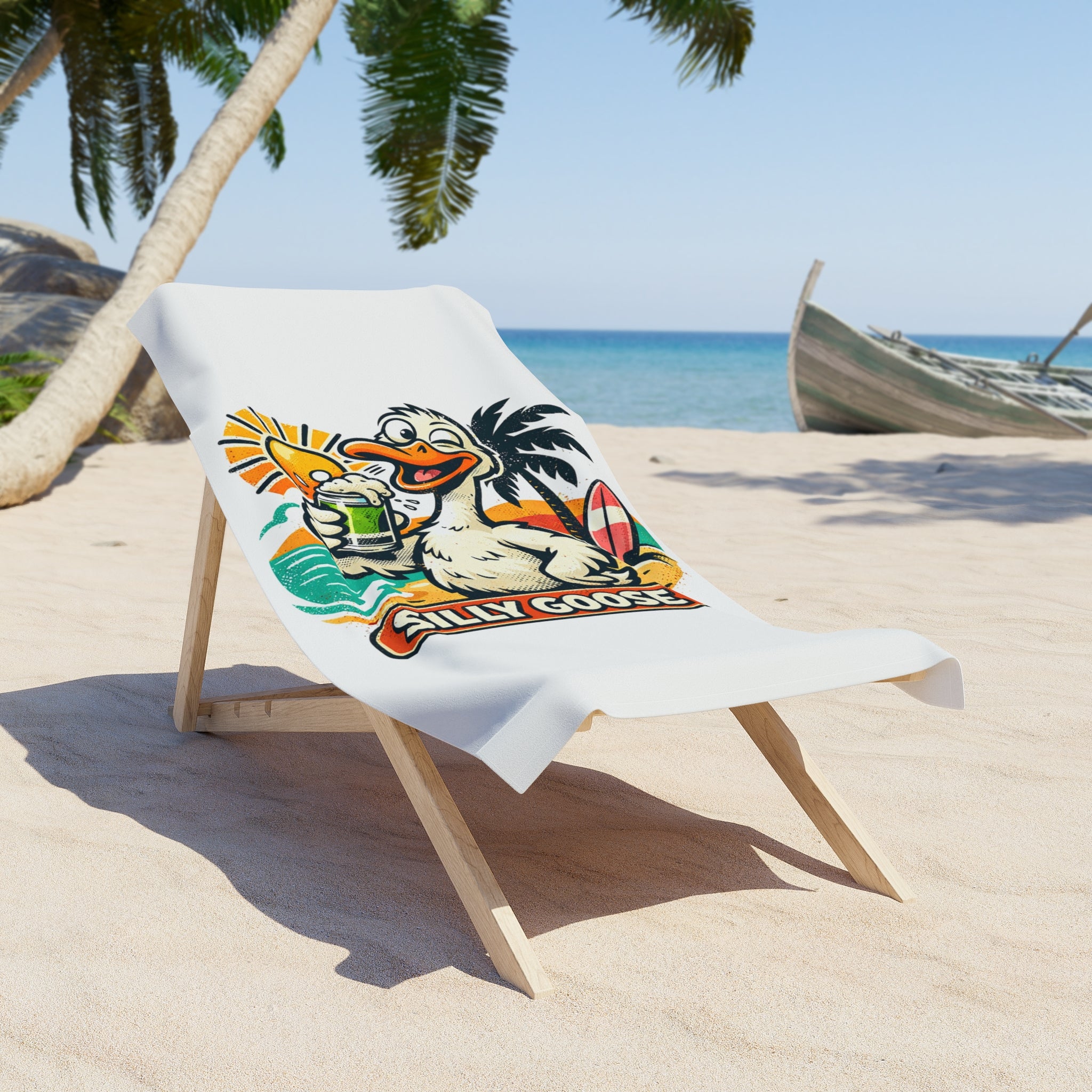 Silly Goose Surfing Duck Beach Towel | Tropical Sun, Palm Drink