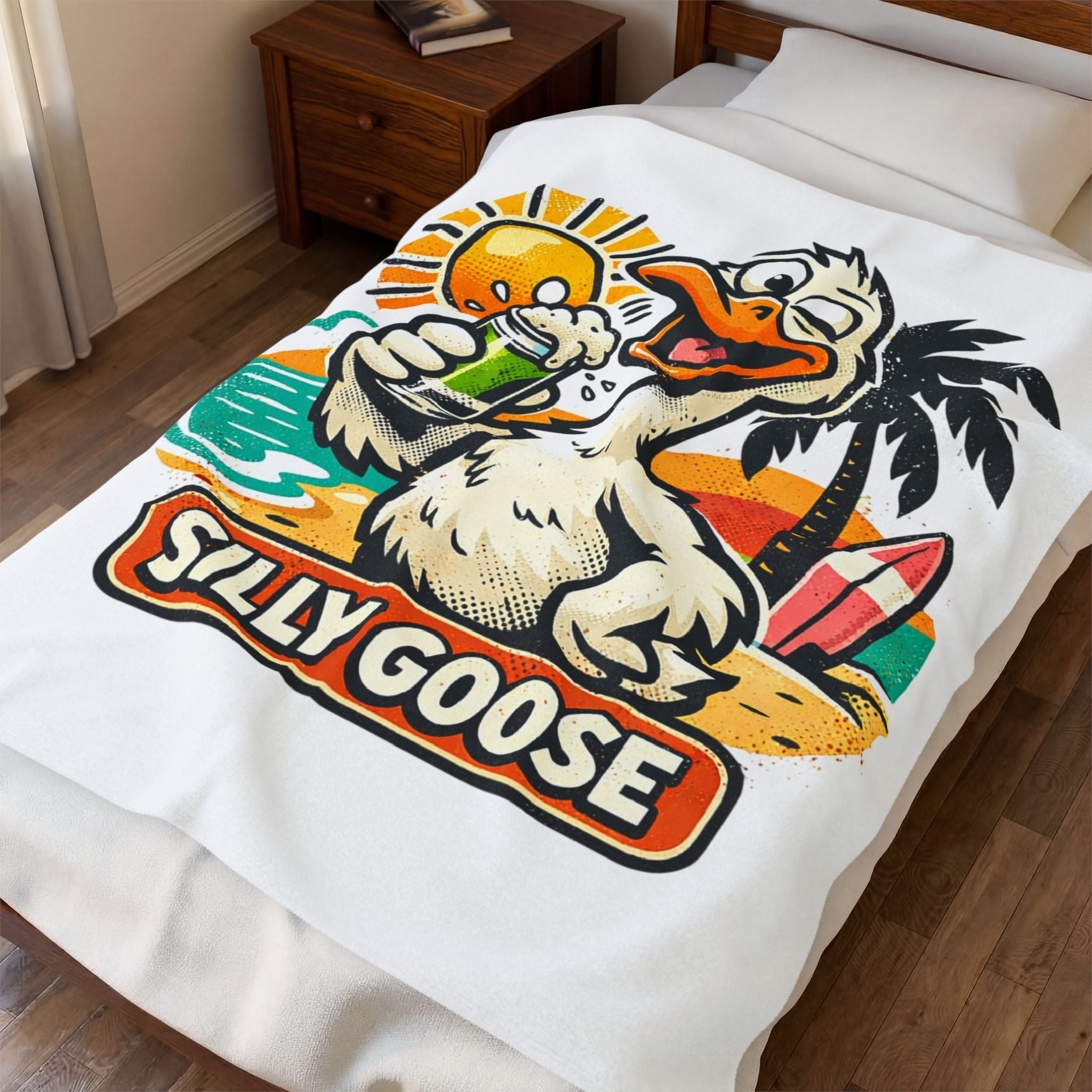 Silly Goose Beach Duck Velveteen Plush Blanket | Surf, Sun, Palm