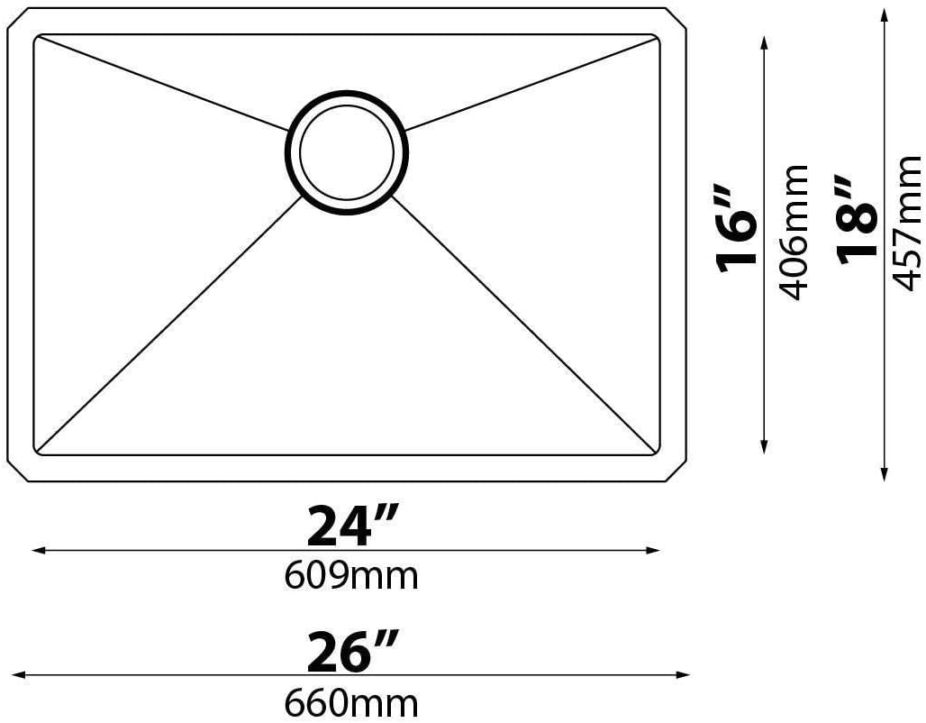 Standart PRO 26-Inch 16 Gauge Undermount Single Bowl Stainless Steel Kitchen Sink, KHU100-26