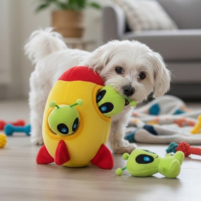 - Interactive Squeaky Plush Hide and Seek Squirrel Type Puzzle Toy for Dogs, Small Size (Spaceship and Aliens)