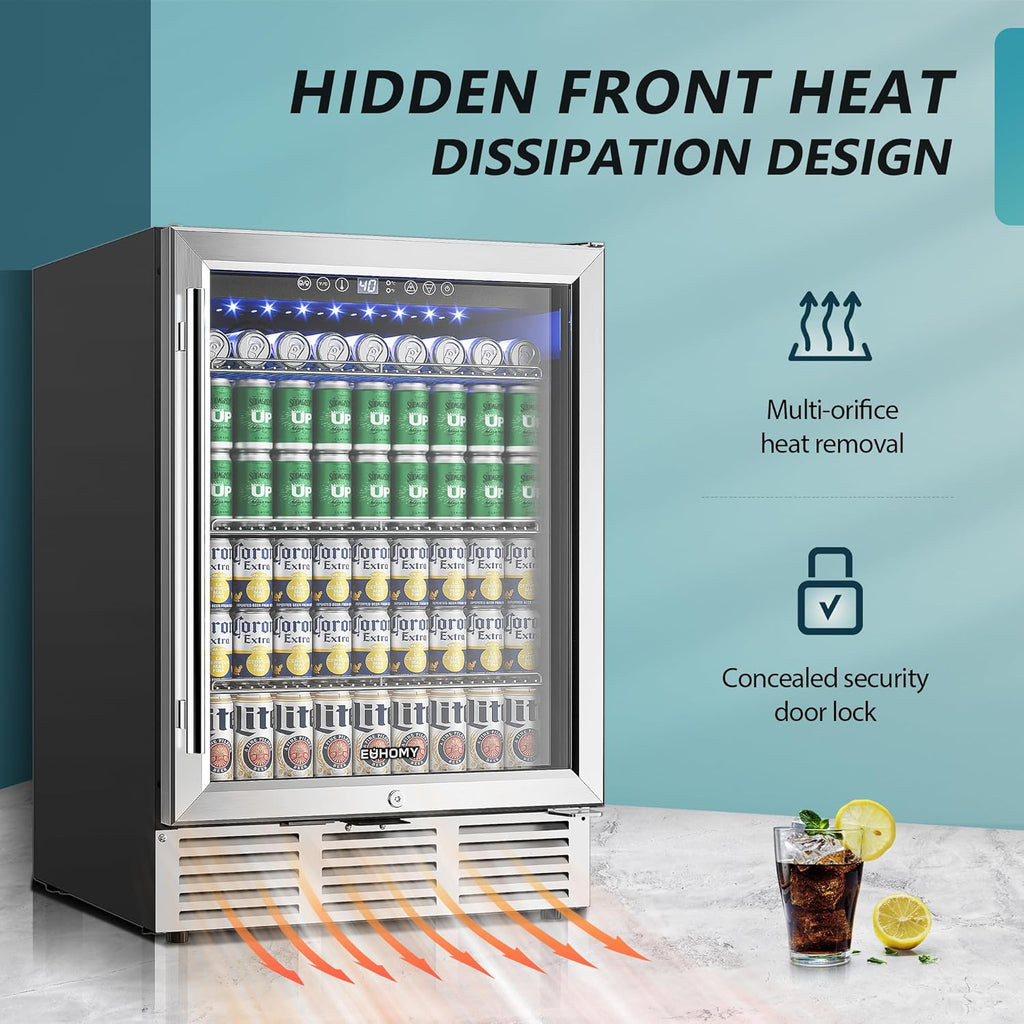 24 Inch Beverage Refrigerator, 180 Can Built-In Beverage Cooler, under Counter Beer Fridge with Glass Door for Soda, Water, Wine - for Kitchen, Bar or Office