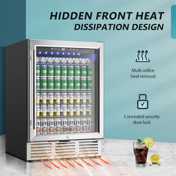 24 Inch Beverage Refrigerator, 180 Can Built-In Beverage Cooler, under Counter Beer Fridge with Glass Door for Soda, Water, Wine - for Kitchen, Bar or Office